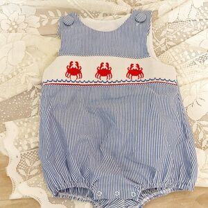 Blue & White Striped Crab Smocked Baby One-Piece